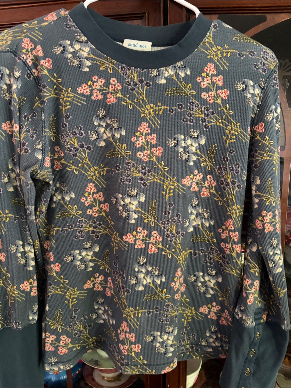 Sundance Navy Floral Crewneck Thermal Sweater with Pink & Cream Accents